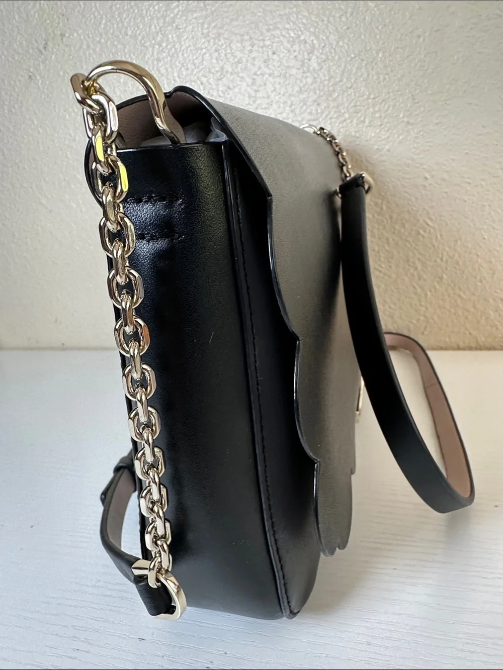 kate spade Black Scallop-Edge Leather Crossbody with Pink Interior